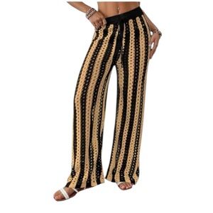 Bsubseach Black Brown Stripe Open Knit Crochet Swim Coverup Pants Womens Size L